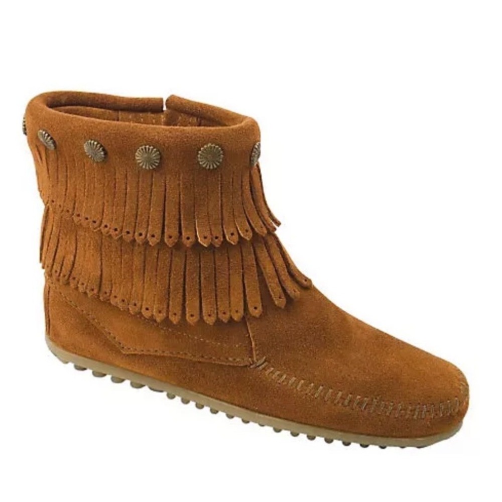 MINNETONKA Double Fringe Side Zip Boots BROWN! Boho RETRO LOOK! 9.5 NEW NO BOX